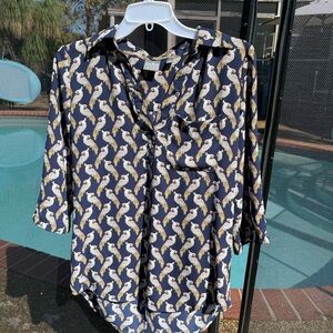 New York & Company Soho Navy Cockatoo Parrot Print Tunic Blouse Bird Lover XS
